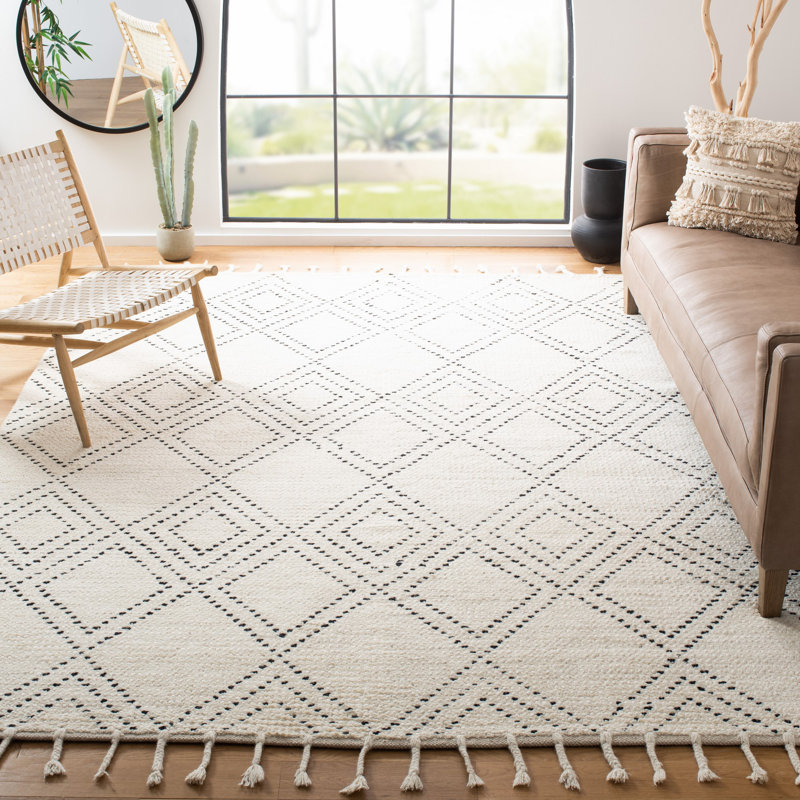 Tapis géométrique en laine / coton tissé à la main Mehaffey en ivoire / noir, Rectangle 4 pi x 6 pi