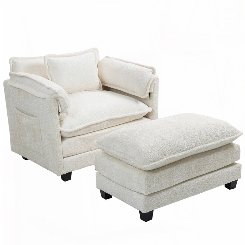 Boucle Fabric Club Chair Armchair with Ottoman, Beige