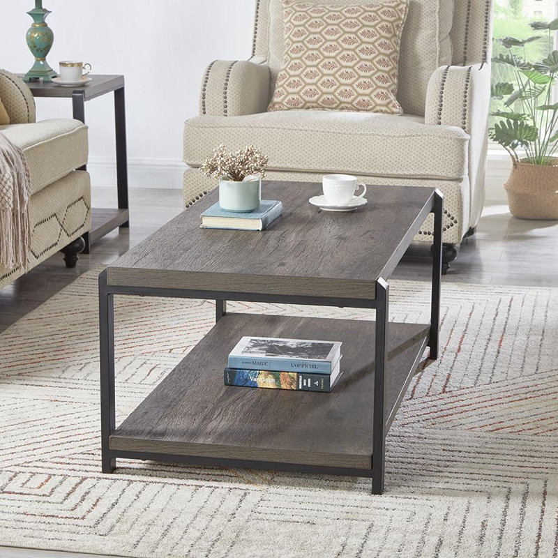 Rustic Grey Wood and Black Metal Coffee Table with Storage Shelves