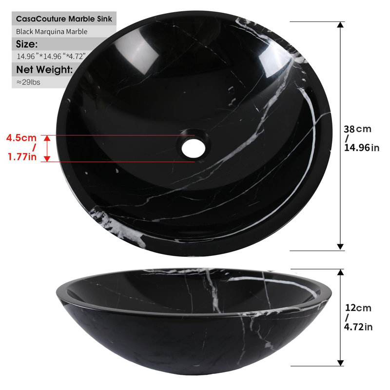 Black Marquina Stone Round Vessel Sink for Bathroom, 17 Inch Marble Bathroom Sink, Vanity Bowl Basin, Nero Marquina
