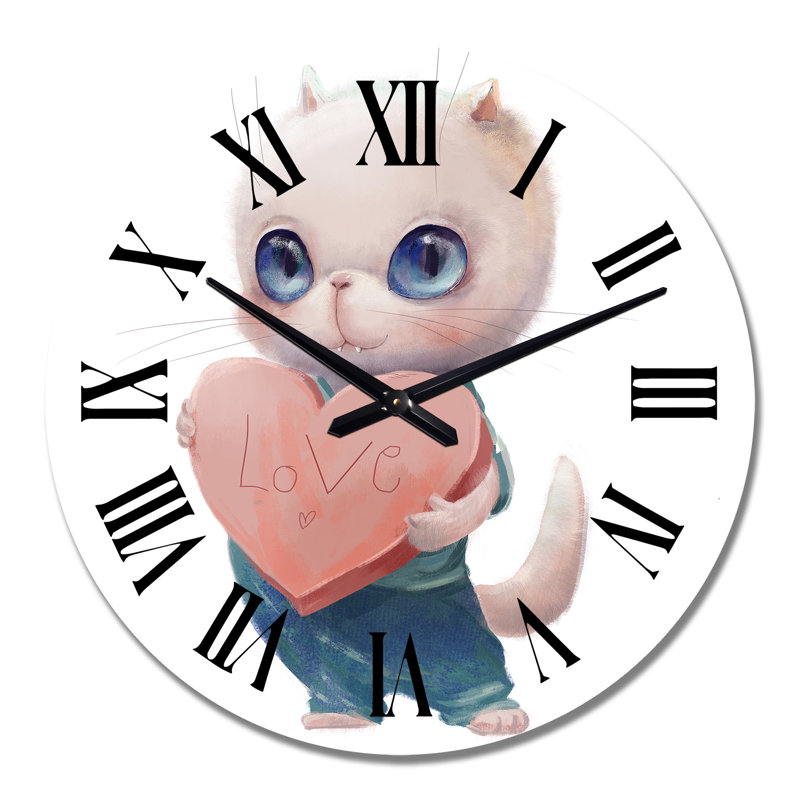 Mignon chat blanc avec cœur - Horloge murale pour enfants, Grand