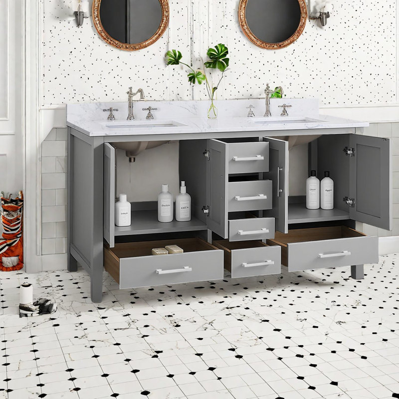 Meuble-lavabo en bois massif de qualité avec lavabo, style gris moderne pour salle de bain spacieuse