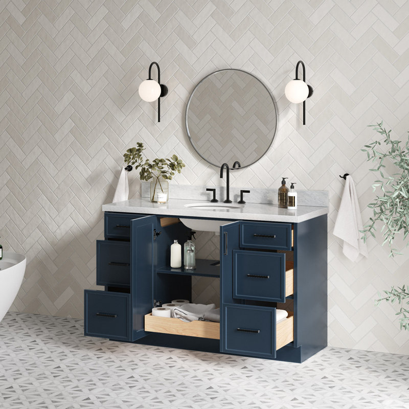 ARIEL Kellie 55 Single Sink Bathroom Vanity with Italian Carrara Marble Top, Midnight Blue