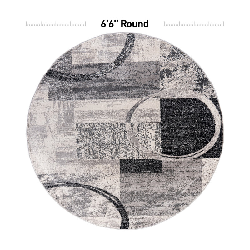 Bionda Geometric Area Rug in Cream/Black/Gray, Round 6'6"