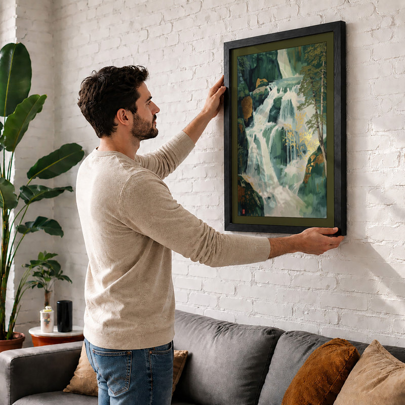 Cascading Waterfall Scandinavian - Framed Print, A3 - 42.0 x 29.7 cm, White