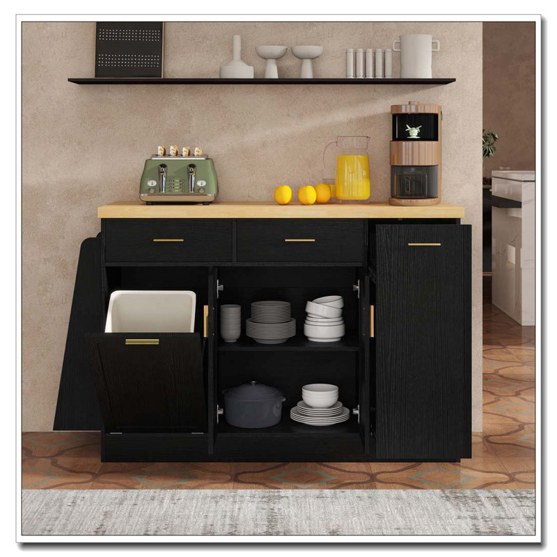 Kitchen Sideboard with Hidden Trash Cabinet, Spice Rack, and Adjustable Shelves, Black