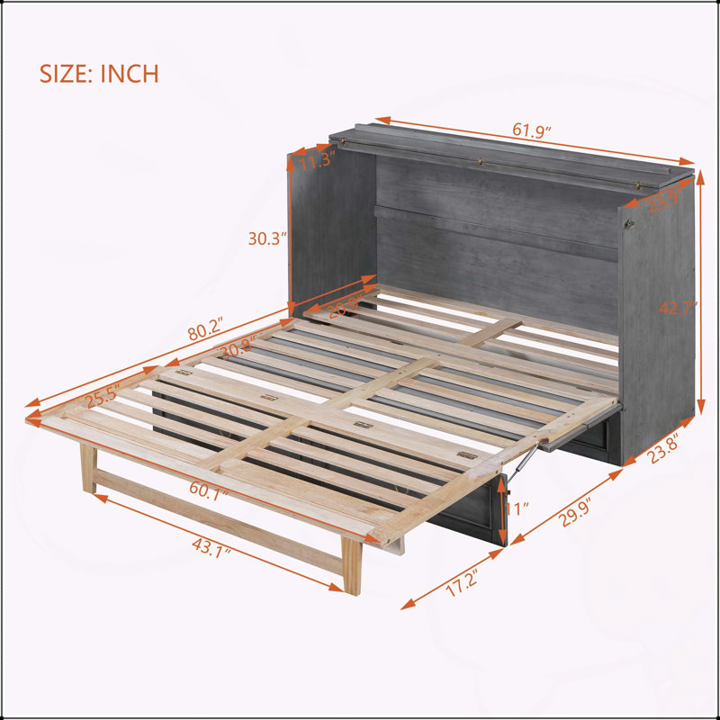 Grand lit escamotable avec grands tiroirs, gris