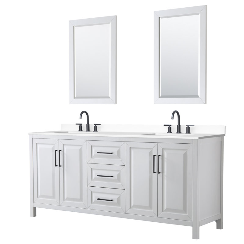 Meuble-lavabo double Daria, Blanc avec garniture noir mat, Comptoir en marbre de culture blanc