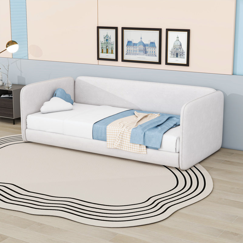 Lit plateforme tapissier simple à profil bas avec rails latéraux, Beige