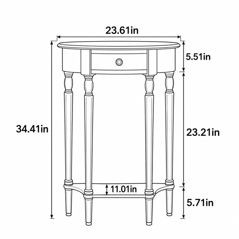 Console demi-cercle classique et traditionnelle peu encombrante avec tiroir et tablette ouverte pour l'entrée, le couloir ou le salon.