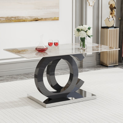 Table de salle à manger rectangulaire pour 6 à 8 personnes avec plateau en panneau de fibres à densité moyenne à motif et structure en métal pour la maison ou le bureau, blanc
