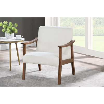 Chaise d'appoint rembourrée en tissu de laine blanche 1pc avec accoudoirs uniques, conception à profil bas et fibres pour un dossier incliné d'aspect doux, siège rembourré, base en contreplaqué