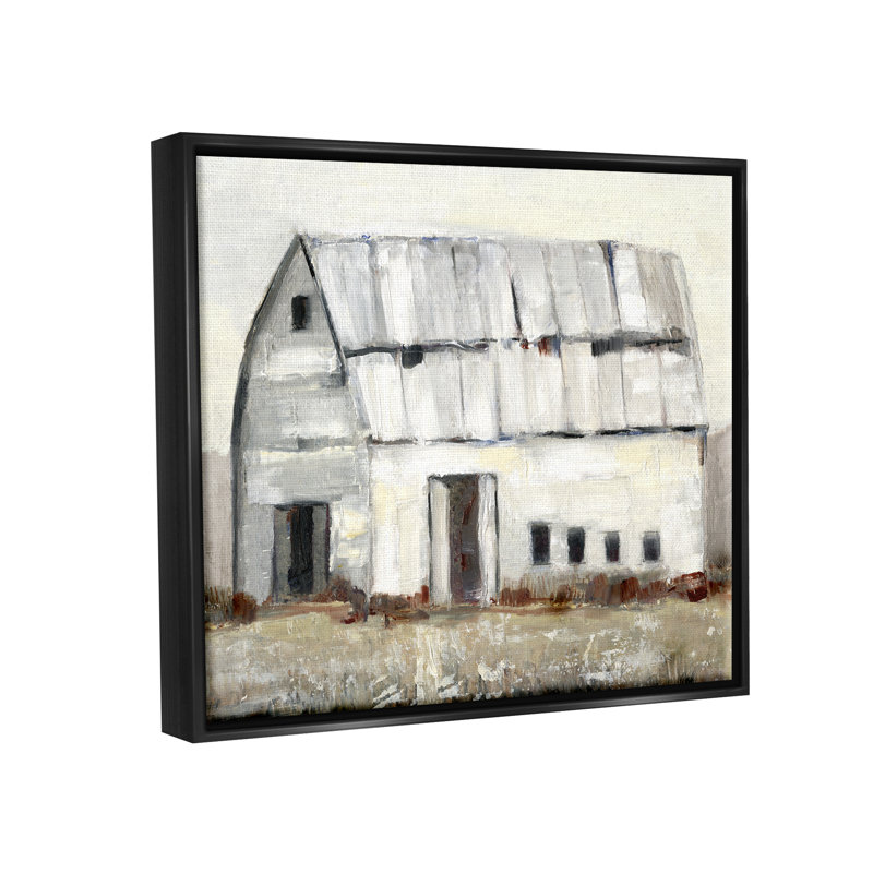 «Rustic White Barn parmi campagne nature» par Sally Swatland - peinture sur toile, Cadre flottant noir de jais