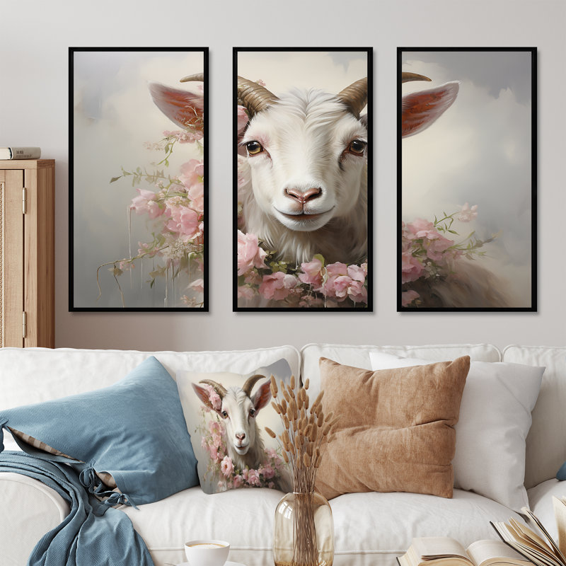 Chèvre blanche avec coller floral rose - art mural animal de chèvre, Cadre flottant noir, H 28 po x l 36 po