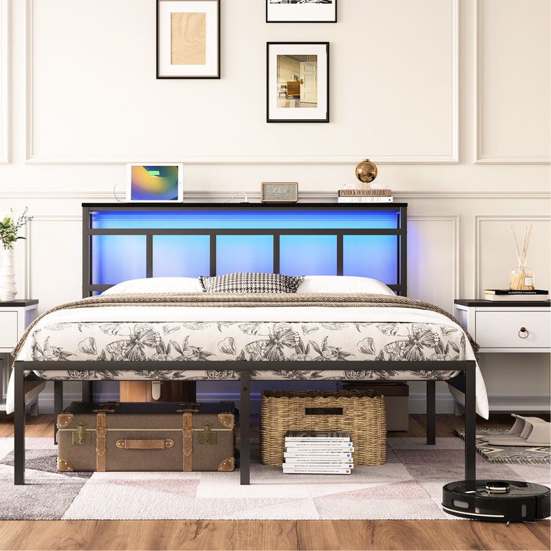 Base de lit grand, DEL, plateforme en métal de 14 pouces, tête de lit avec rangement, - C, éco-conception solide
