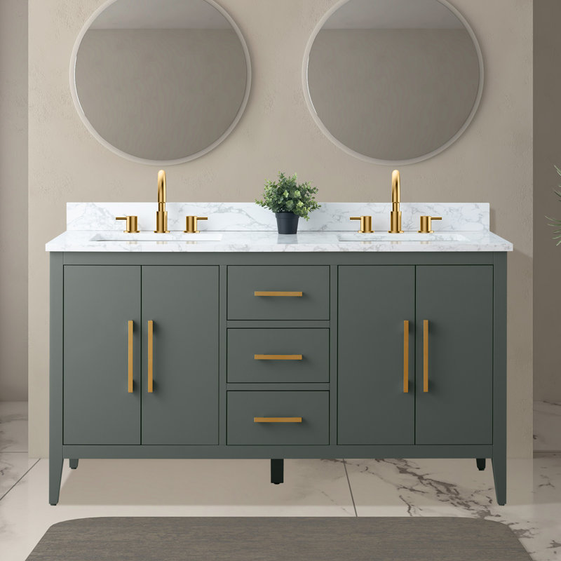 Ensemble de meuble-lavabo double 60 po avec plateau en marbre Chambery, Vert rétro, Or brossé