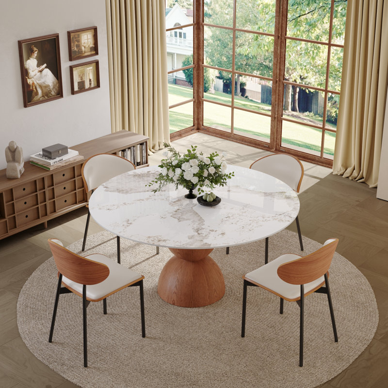 Ensemble de salle à manger rond 5 pièces pour 4 personnes, table et chaises de coin-repas, plateau en pierre, base en bois massif