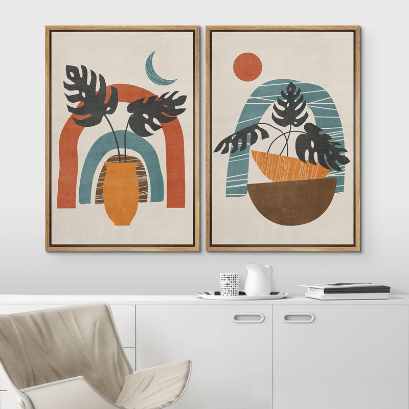 Soleil et lune, croissant de lune, soleil, plantes géométriques, illustrations abstraites, formes modernes, Naturel