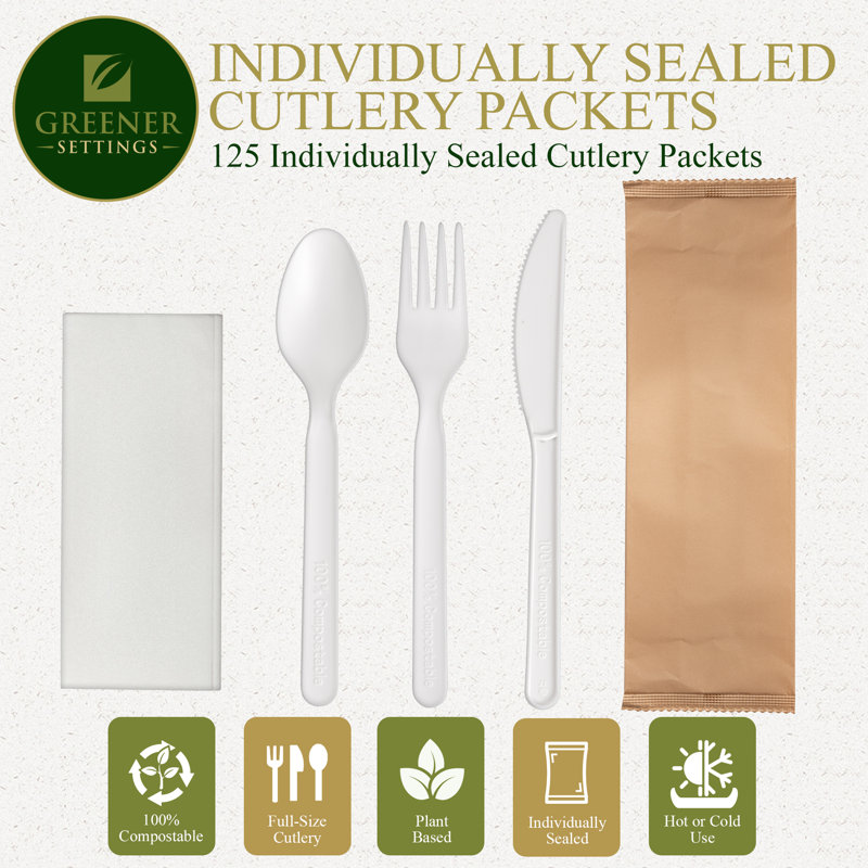 Ensembles de couverts jetables, ensembles de serviettes scellés individuellement - 125 ensembles