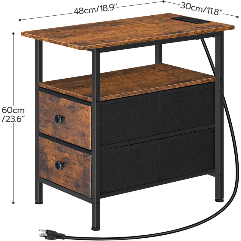 Layme Table with Charging Station, Narrow Side Table, Nightstand with 2 Non-Woven Drawers, Slim Sofa Side Table, for Small Spaces, Living Room, Bedroom, Rustic Brown and Black