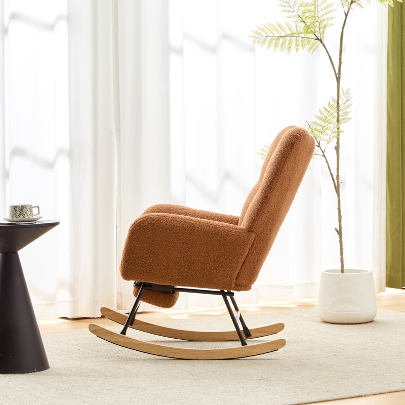 Ensemble fauteuil berçant à oreilles en tissu Teddy et repose-pieds, fauteuil à bascule d'allaitement avec poche de rangement latérale, mouvement de glissement fluide, base en bois massif sécurisée, fauteuil d'appoint confortable pour le salon