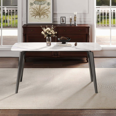 62.99 Inch White Curved Edge Artificial Stone Dining Table With Dark Grey Metal Legs