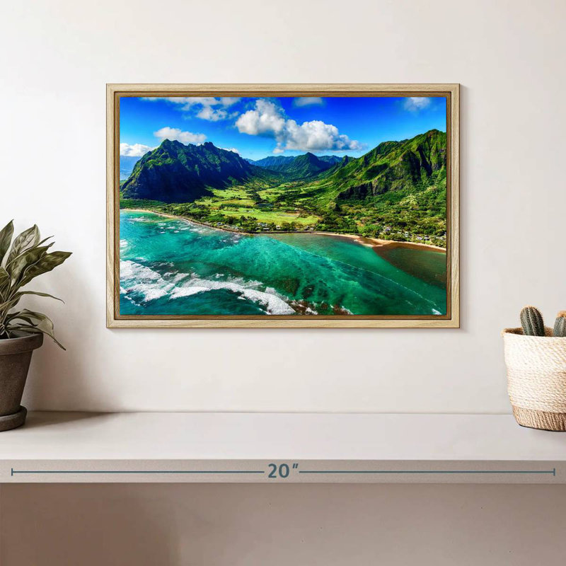 Paysage côtier de Kualoa, Cadre flottant en bois naturel, 13 po x 9 po