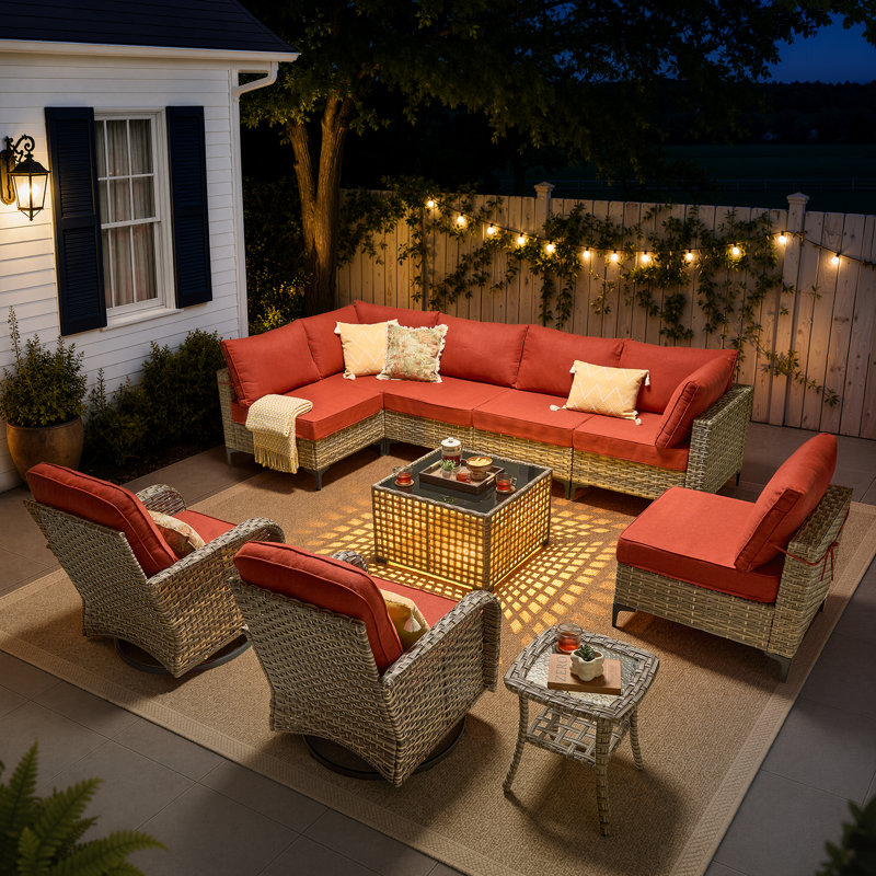 10-piece outdoor wicker patio furniture set with fire pit table, swivel chair and colorful cushions, Orange, No