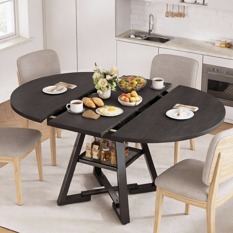47"-61" Extendable Dining Table for 4-8, Modern Industrial Round to Oval Kitchen Table with Hidden Storage Shelf, Space-Saving Pedestal Base for Small Apartment & Living Room