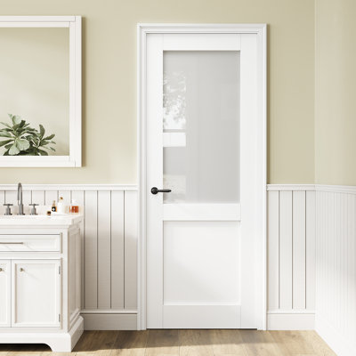 Porte de dalle en verre givré 30 x 80 Half-Lite, dalle de porte intérieure en verre trempé en céramique trempée, apprêté blanc / préfini, porte standard à âme solide, porte de garde-manger, porte de pièce