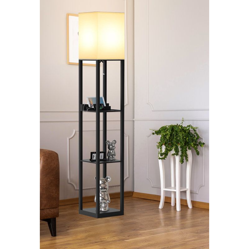 2 ports de charge et 1 lampe sur pied avec tablettes de prises de courant, noir mat