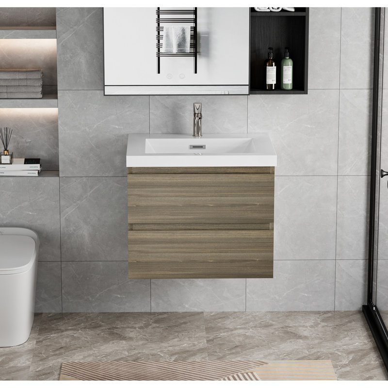Meuble-lavabo de 30 po avec lavabo, étagère à tiroirs, comptoir en résine, tiroirs à fermeture facile, lavabo flottant gris cendré 30 po, casier de rangement mural, comptoir de lavabo, légèrement charmant
