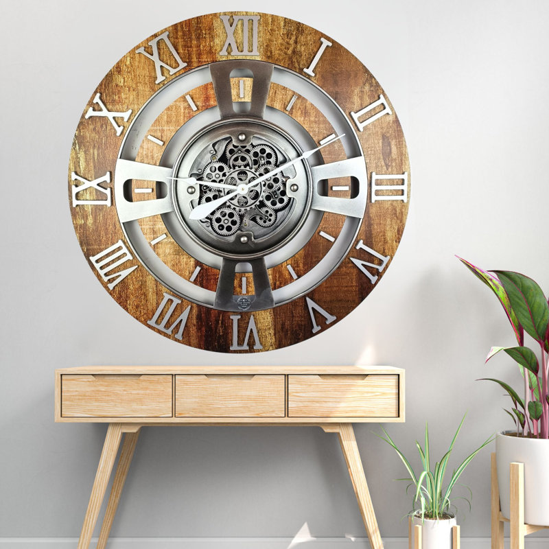 Oversized Vintage Brown Fir Wood Wall Clock with Real Moving Gears