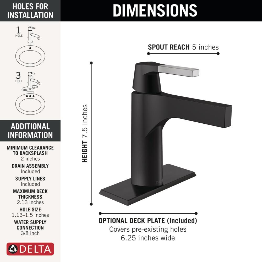 Zura Single-Hole Bathroom Faucet with Drain, Chrome/Matte Black