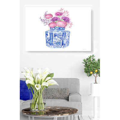 Chinoiserie Vase, Glass Bouquet, Floral, Flowers, Purple, Pink, Blue, On White