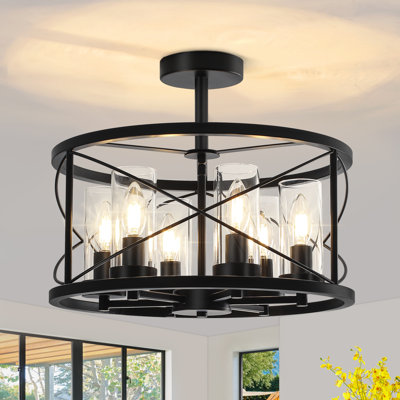 6 - Light Modern Metal Drum Semi Flush Mount Ceiling Light Fixture With Clear Glass Shade For Dinning Room Living Room Bedroom Hallway Entryway Kitchen