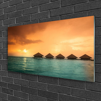 Glass Print Wall Art 100X50cm Image Printed On Glass Decorative Wall Picture Behind Toughened / Tempered Safety Real Glass For Kitchen & Living Room Theme: Sea Sun Landscape