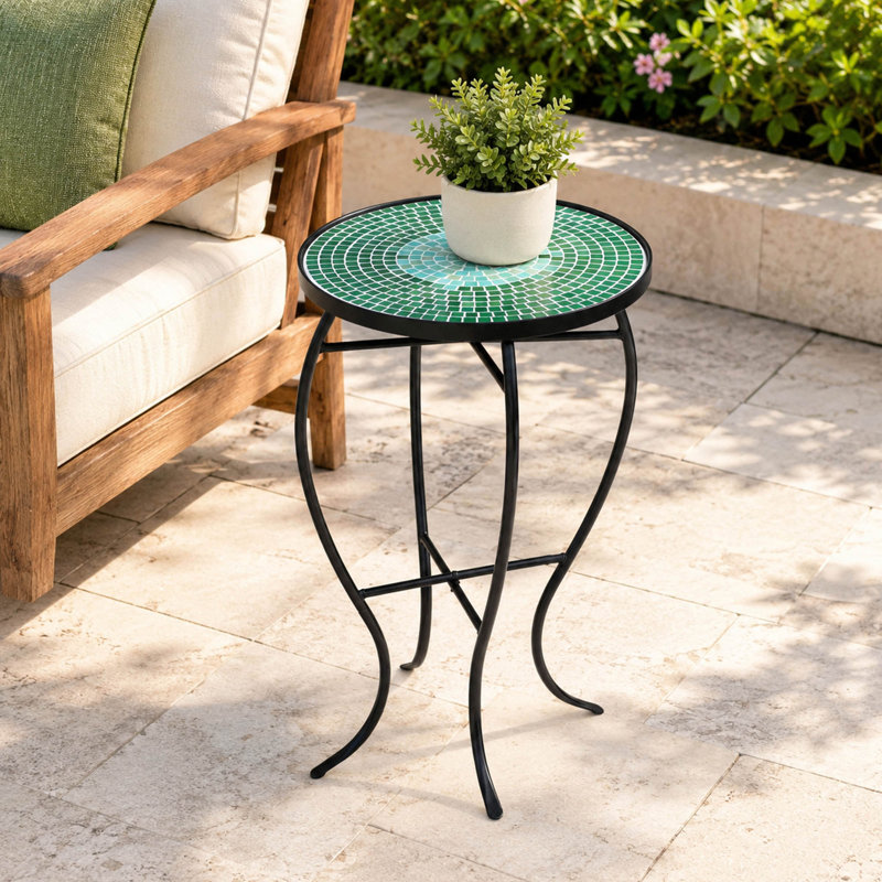 Table d'appoint d'extérieur ronde moderne avec plateau en mosaïque