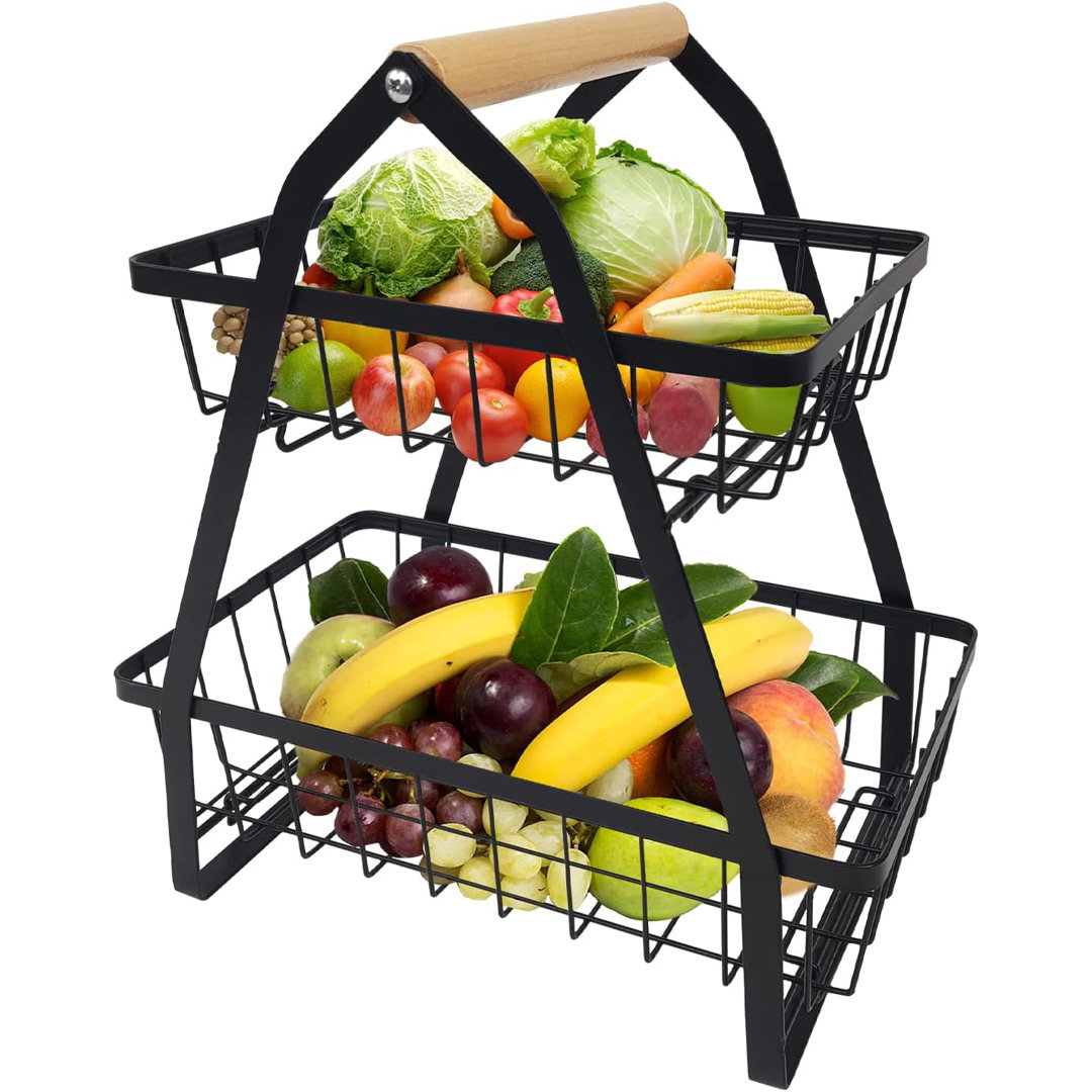 Obstkorb 2 Stöckig Abnehmbar Obst Etagere Obstschale Gemüseregal Brotkorb, Schwarze