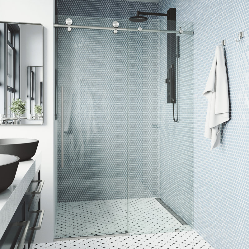 Elan E-Class 60-64" W x 76" H Sliding Frameless Shower Door with 3/8" Clear Glass, Stainless Steel