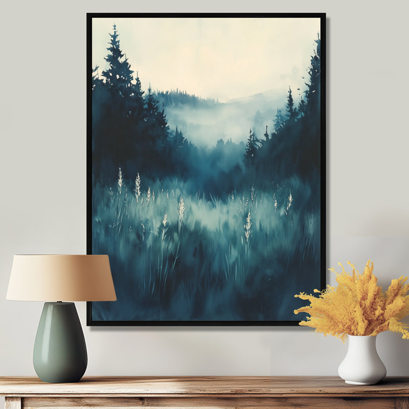 Forêt de pins bleu brumeux - Tableau encadré sur toile murale, H 32 po x l 16 po, Cadre flottant noir