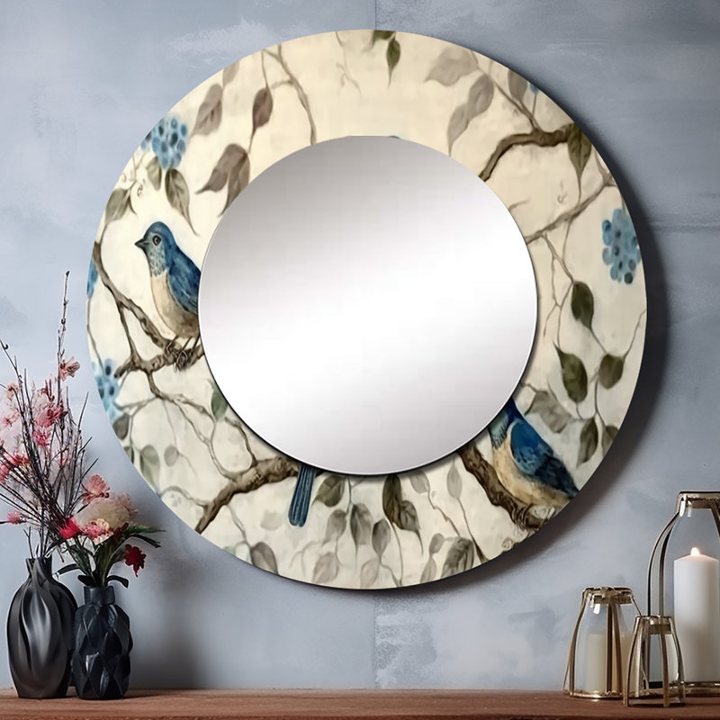 Quatre oiseaux bleus rétro sur une branche III - miroir mural décoratif oiseau, miroir rond bleu, impression d'art en métal