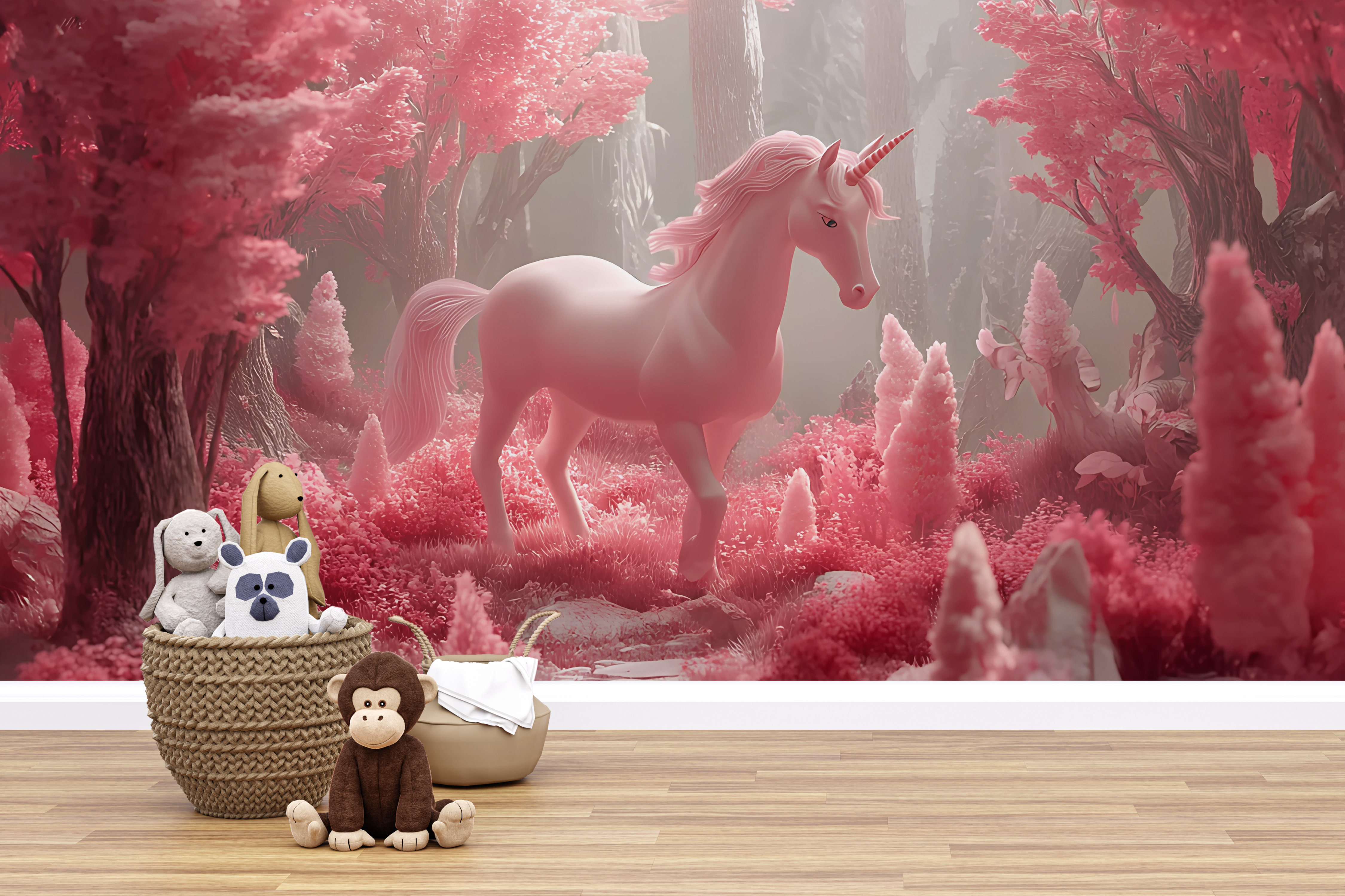 Zoomie Kids Pink Unicorn Wallpaper – Fantasy Forest Wall Mural – Enchanted  Magical Horse Design – Girls Nursery Decor – Pastel Fairytale Kids Room Art  ..., image size:4500x3000