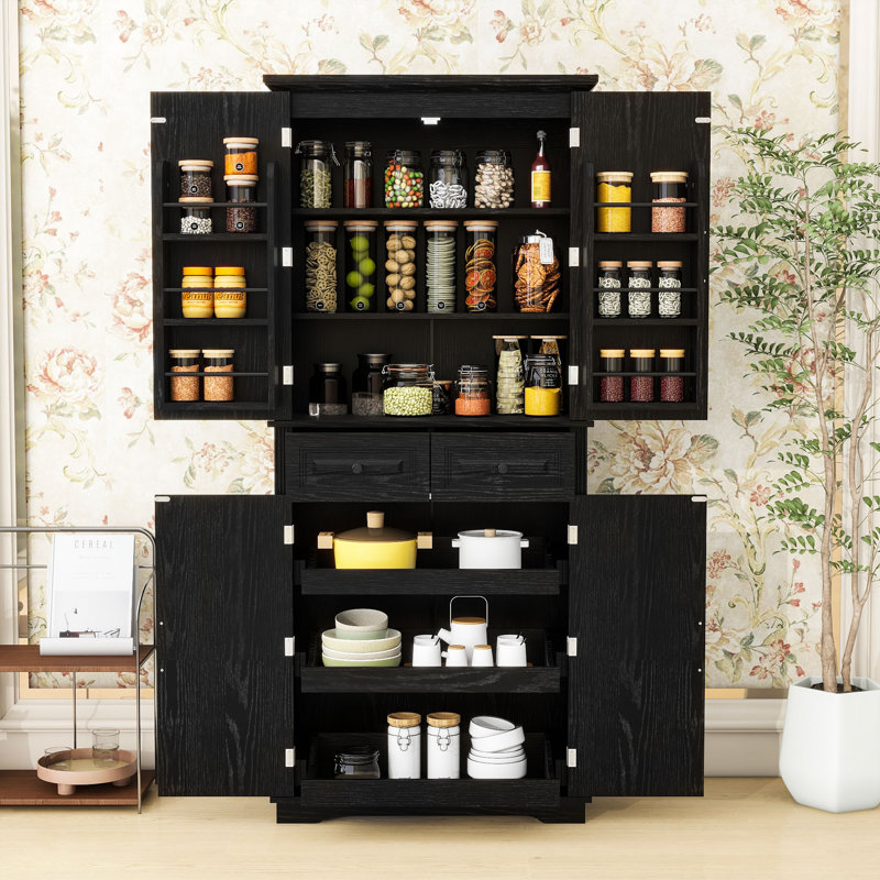Armoire de cuisine avec 2 tiroirs, 6 tablettes de porte, 3 tablettes réglables et 3 tablettes coulissantes, Noir