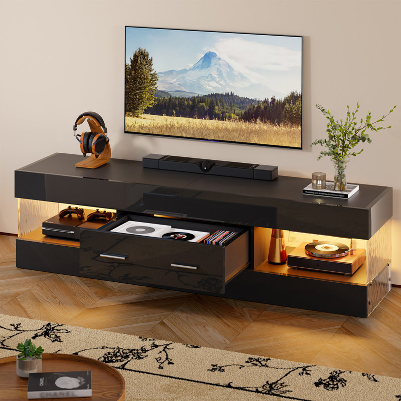 Kruszewski 60 inch  Glossy TV Stand Fits TV Up to 65 inch with Drawer and LED Light Stone Grain Media Console, Black