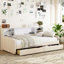 Lit plateforme simple tapissier avec rangement et tiroirs, beige