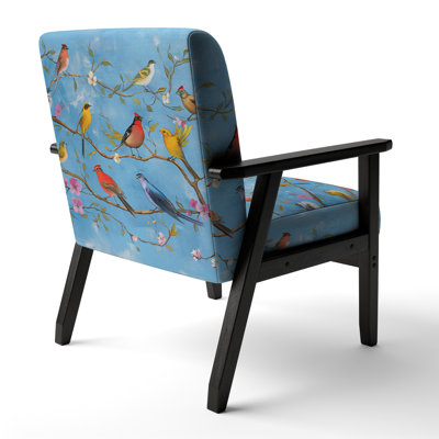 Multi-Color Bird On Tree - Velvet Upholstered Farmhouse Accent Arm Chair by Red Barrel Studio