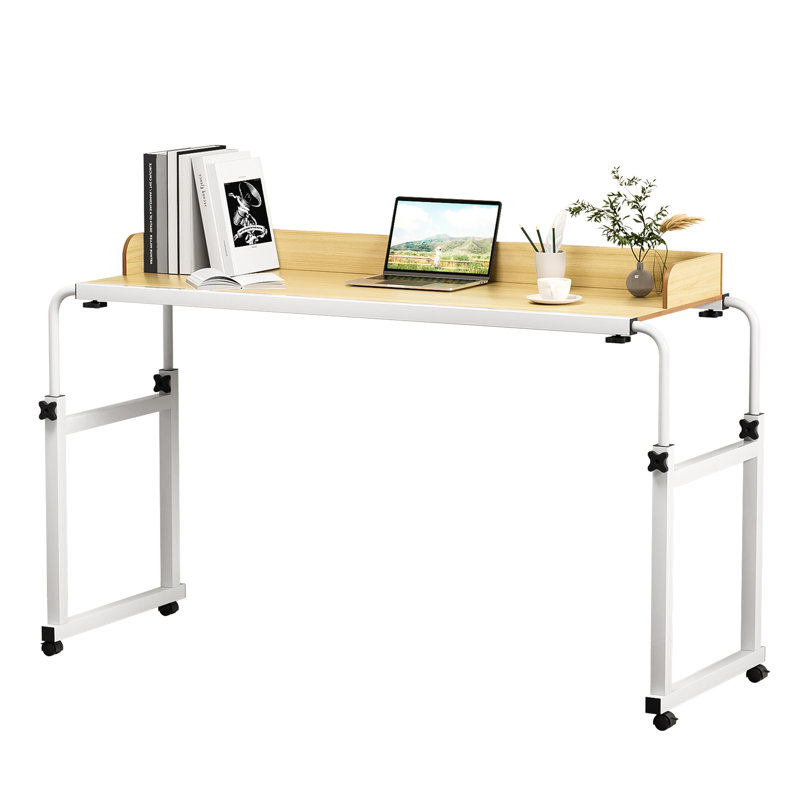 Overbed Table with Wheels, Rolling Over-the-Bed Laptop Desk with Raised Baffle, Natural/White, 50.1" H x 28.1" W x 11.4" D