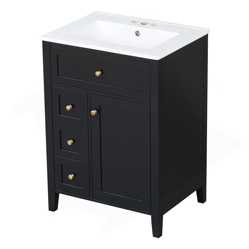 24 Inch Bathroom Vanity With Sink, MDF & Rubberwood, Ample Storage, Compact Design For Small Spaces