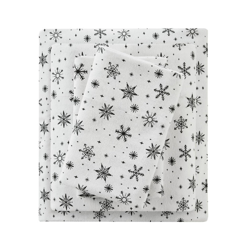 Drap double de 4 pièces avec motif de flocons de neige noirs, 100% flanelle de coton pour matelas jusqu'à 18 po, tissu doux brossé, drap-housse entièrement élastique, confort pré-rétréci, plat et 2 taies d'oreiller,